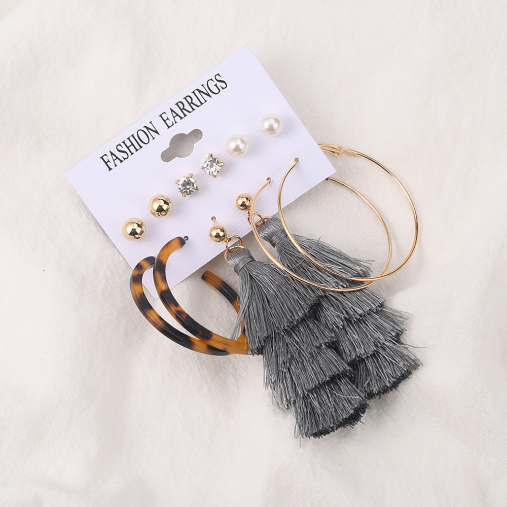 Retro tassel earrings leopard print metal ring love pearl earring set