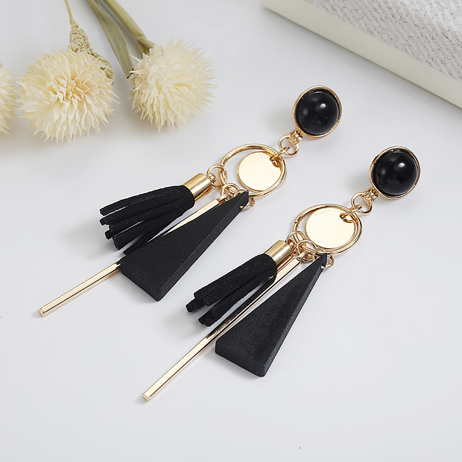 Fringe long round ring earrings with irregular geometric triangular wooden ear rings