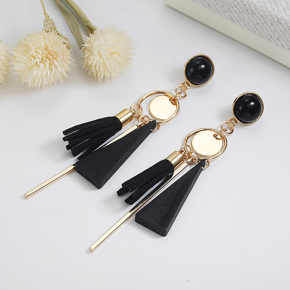 Fringe long round ring earrings with irregular geometric triangular wooden ear rings