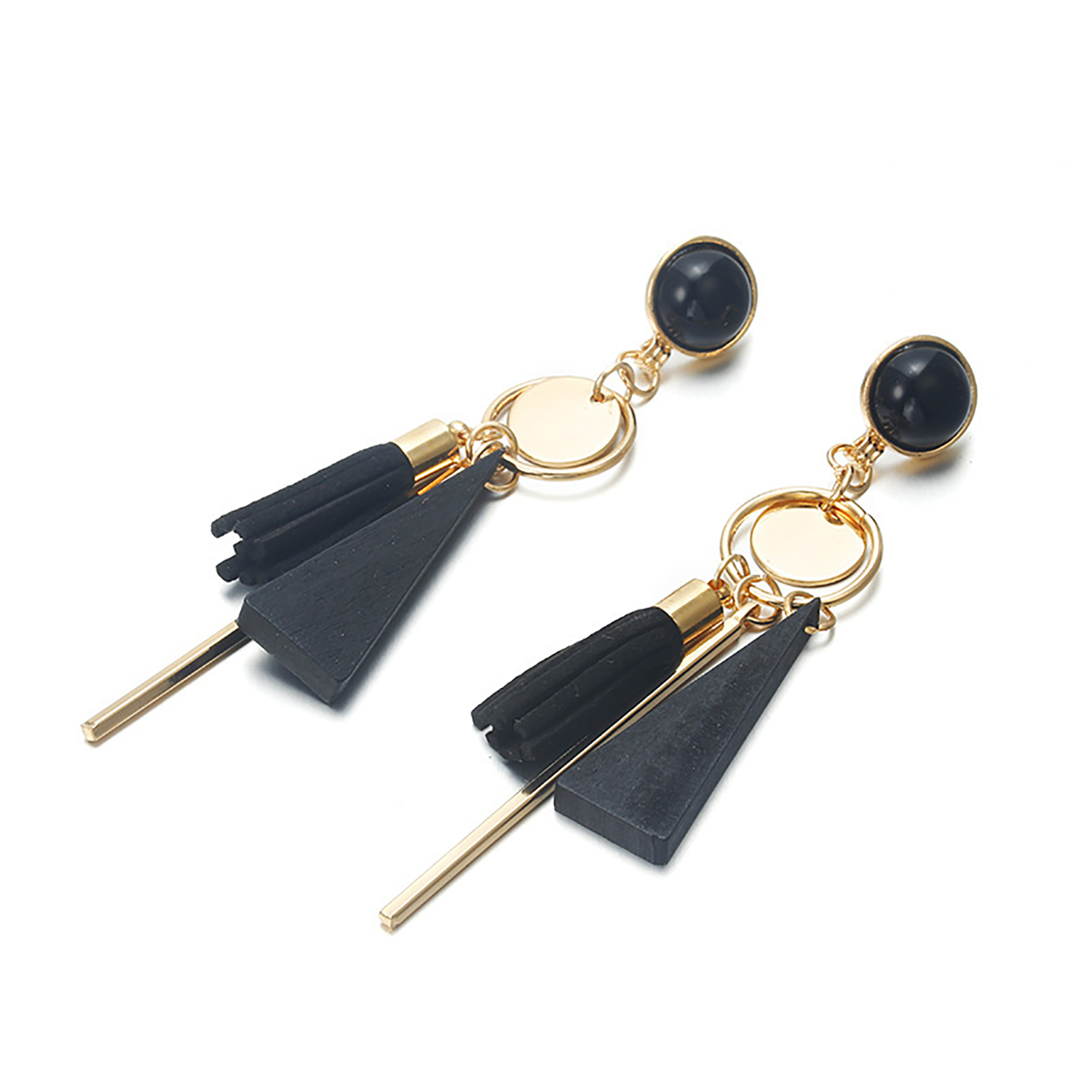 Fringe long round ring earrings with irregular geometric triangular wooden ear rings