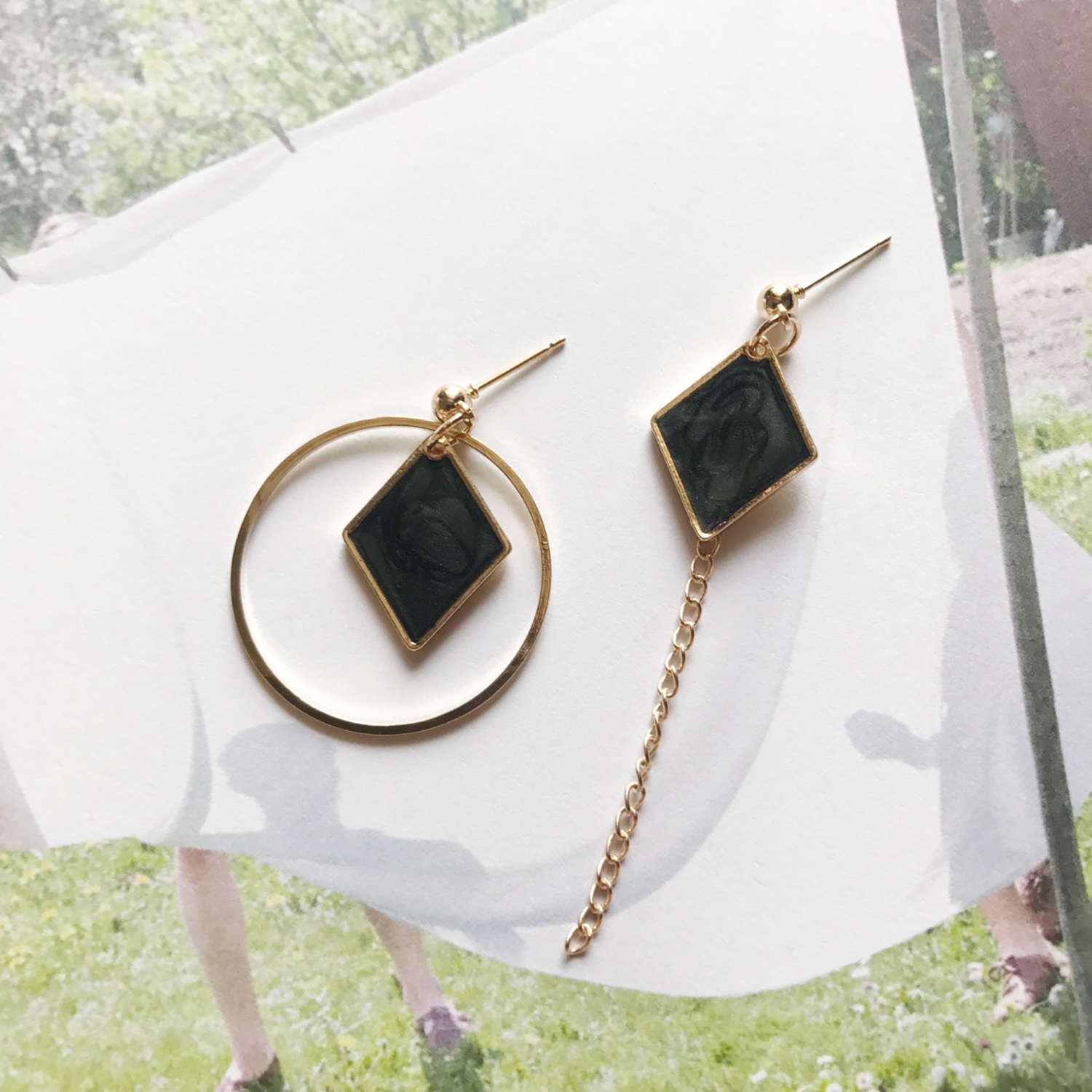 Fringe long round ring earrings with irregular geometric triangular wooden ear rings