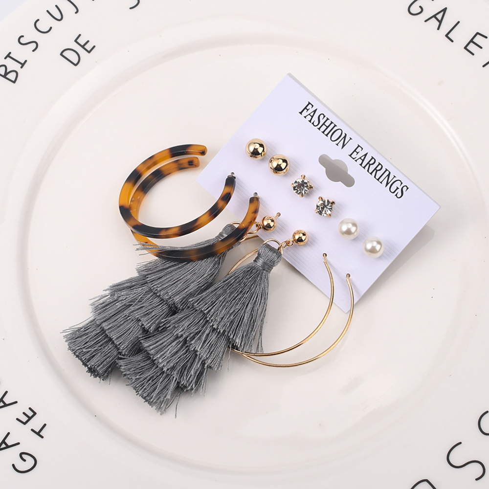 Retro tassel earrings leopard print metal ring love pearl earring set