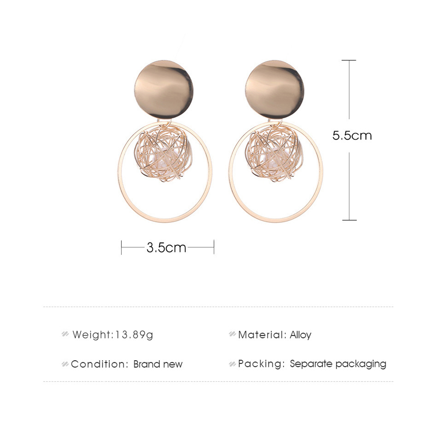 Hollow gold ball pearl stud earrings with metal circle pendant earrings