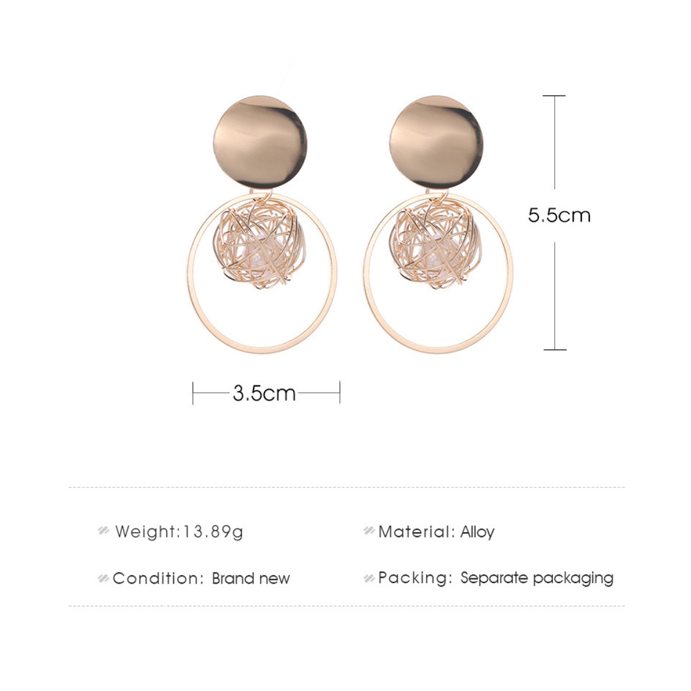 Hollow gold ball pearl stud earrings with metal circle pendant earrings