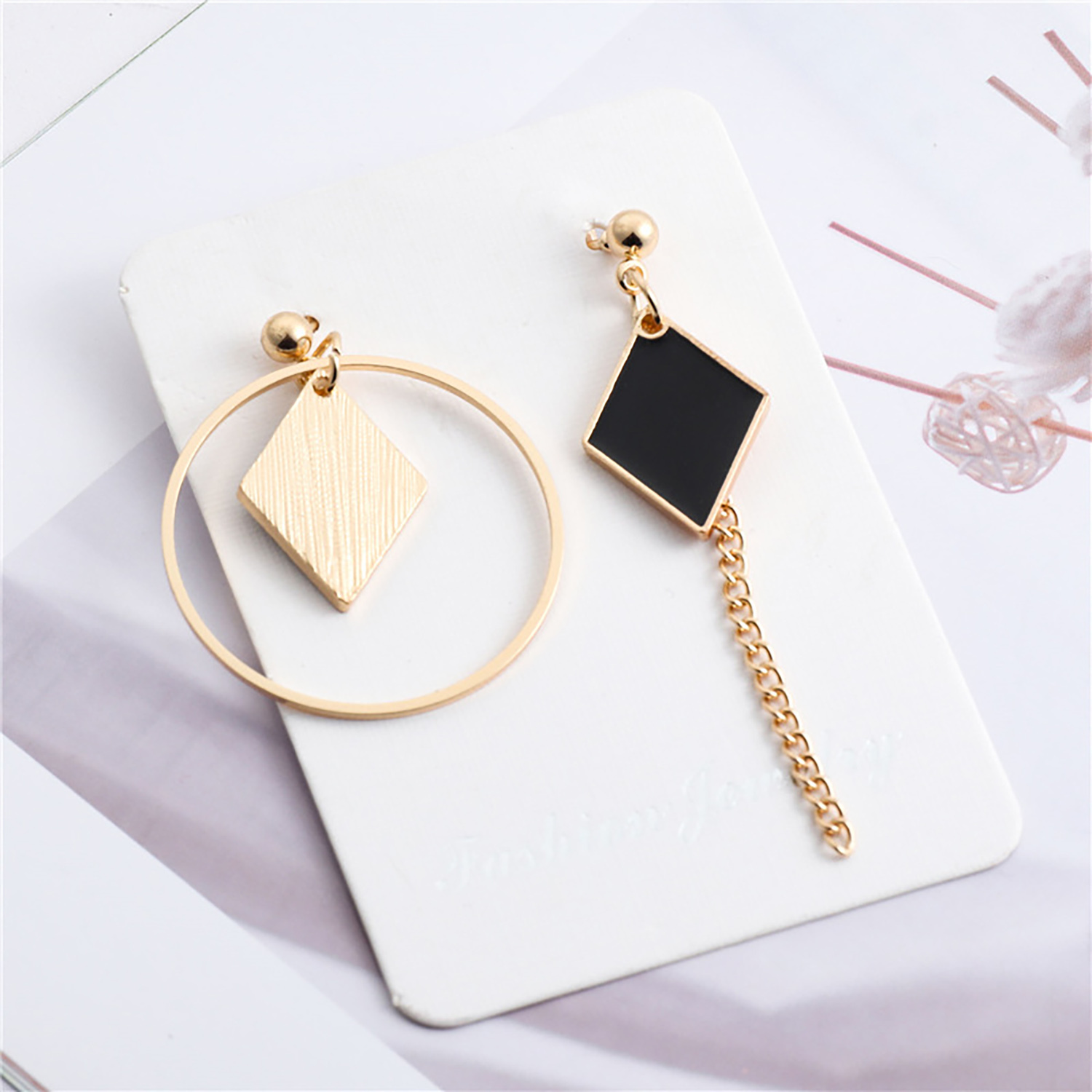 Fringe long round ring earrings with irregular geometric triangular wooden ear rings