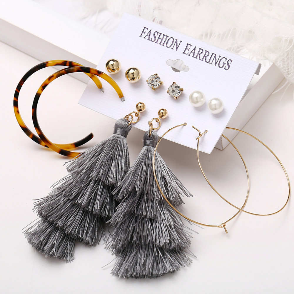 Retro tassel earrings leopard print metal ring love pearl earring set