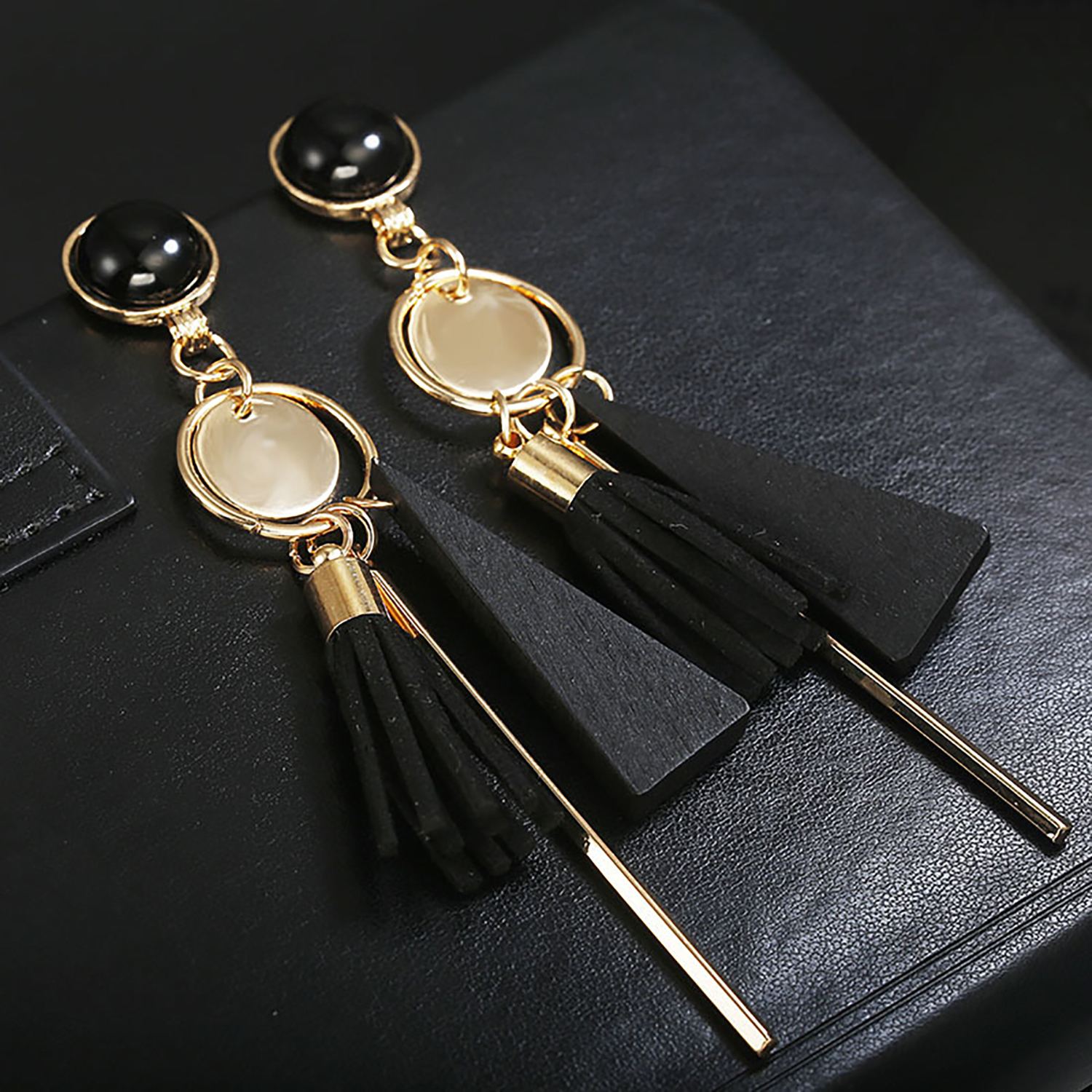 Fringe long round ring earrings with irregular geometric triangular wooden ear rings