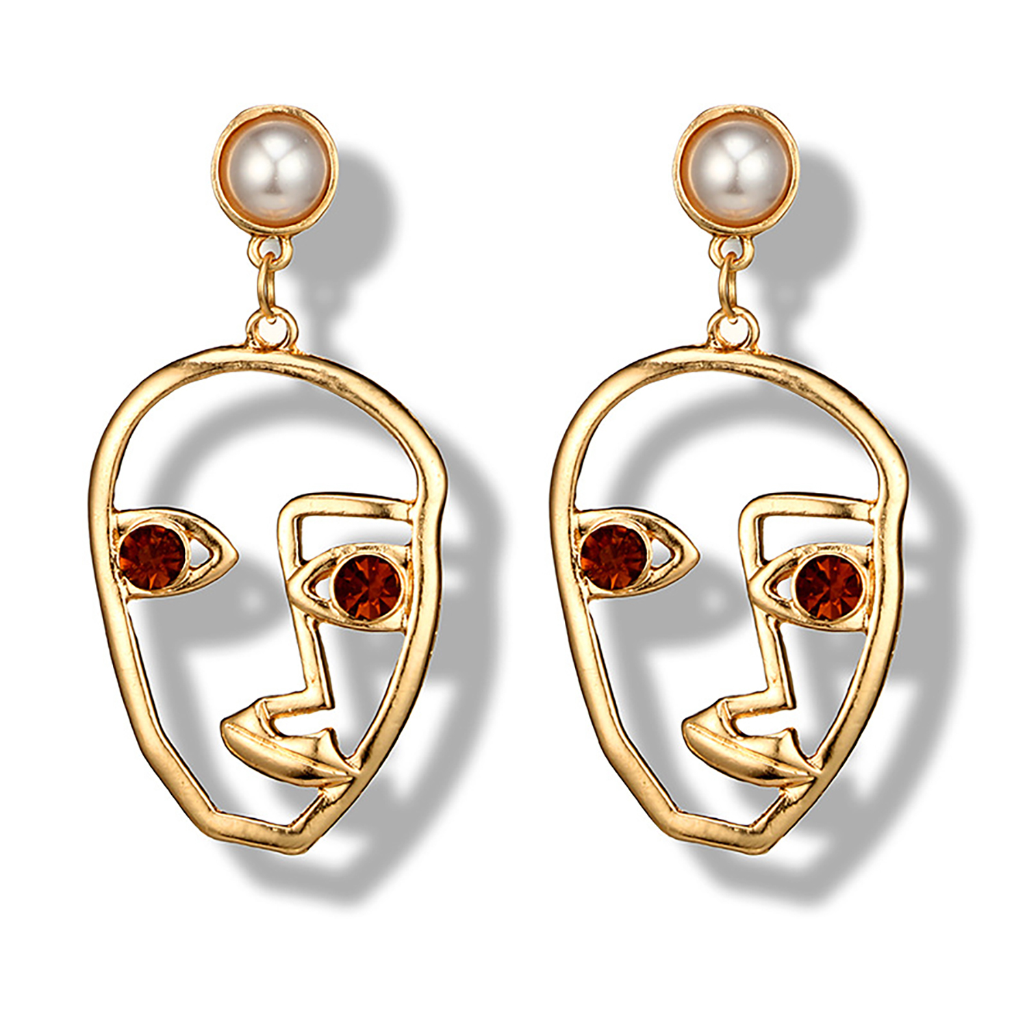 Abstract smiley face pearl set diamond geometry earrings face studs