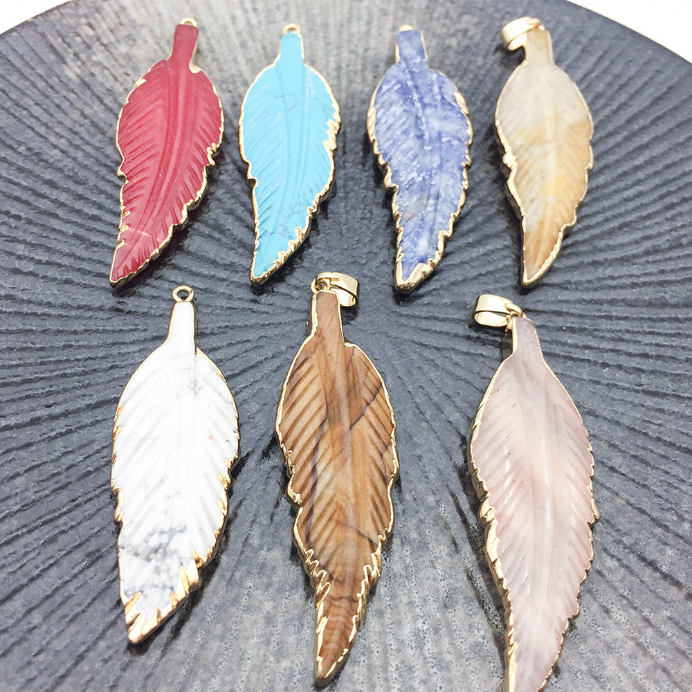 Hand Carved Natural Gemstone Feather & Leaf Charm Pendant for Making Jewelry