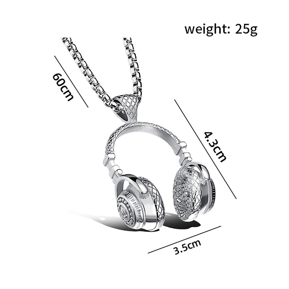 Men's Stainless Steel Music Headset DJ Headphone Pendant Biker Necklace, Gold/Black/Silver