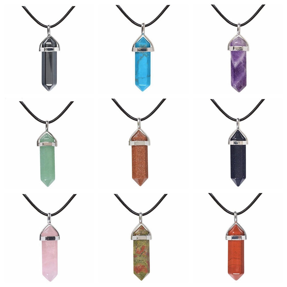 Gold/Silver Natural Gemstone Hexagonal Point Pendant Necklac with 45CM Black Cord