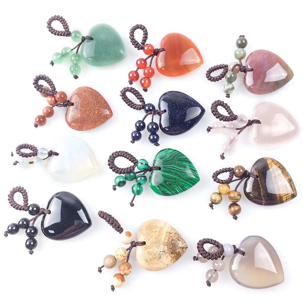 25MM 30MM Love Heart Gemstone Pendant Woven Friendship  Chakra for Making Jewelry Necklace Keychain