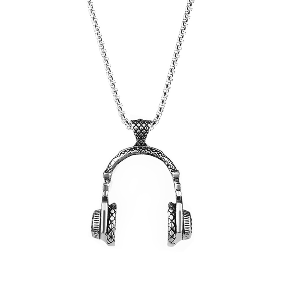 Men's Stainless Steel Music Headset DJ Headphone Pendant Biker Necklace, Gold/Black/Silver
