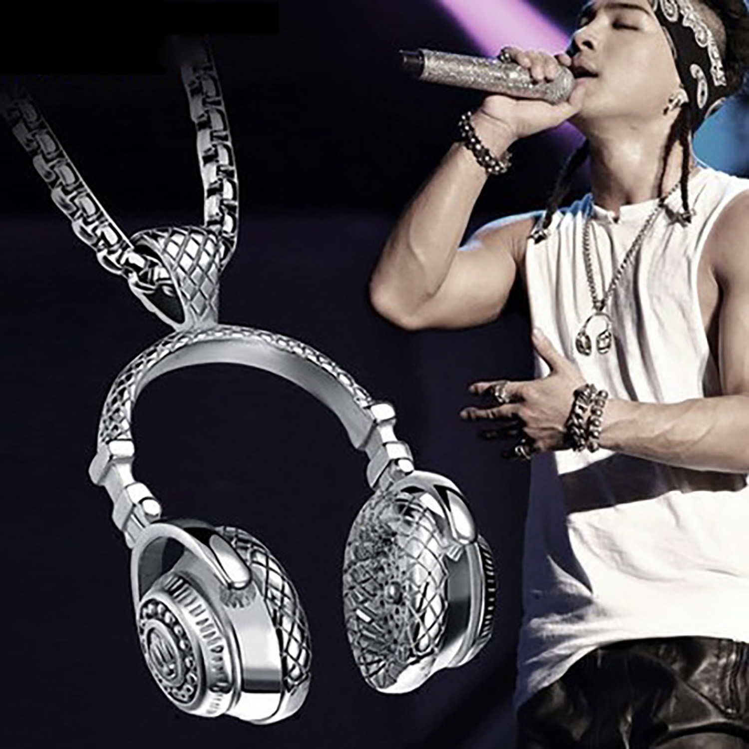 Men's Stainless Steel Music Headset DJ Headphone Pendant Biker Necklace, Gold/Black/Silver