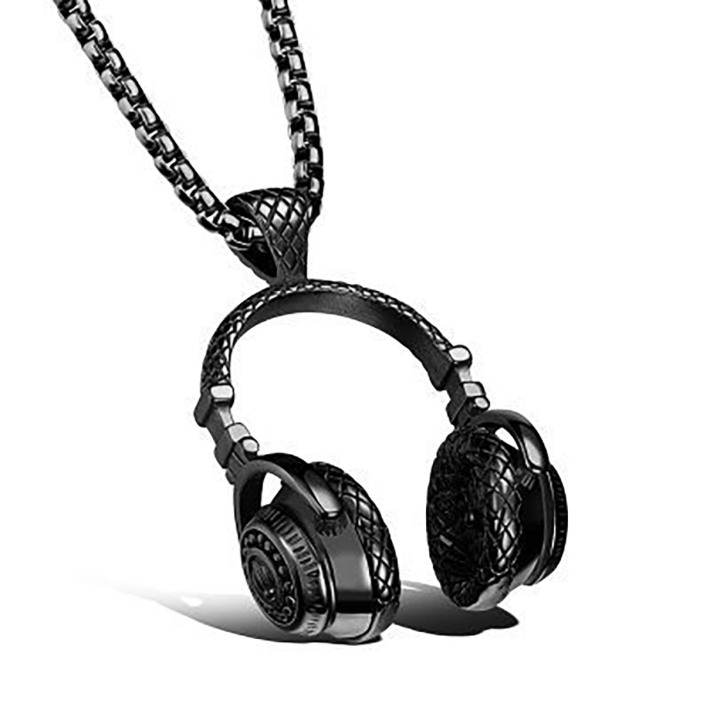 Men's Stainless Steel Music Headset DJ Headphone Pendant Biker Necklace, Gold/Black/Silver