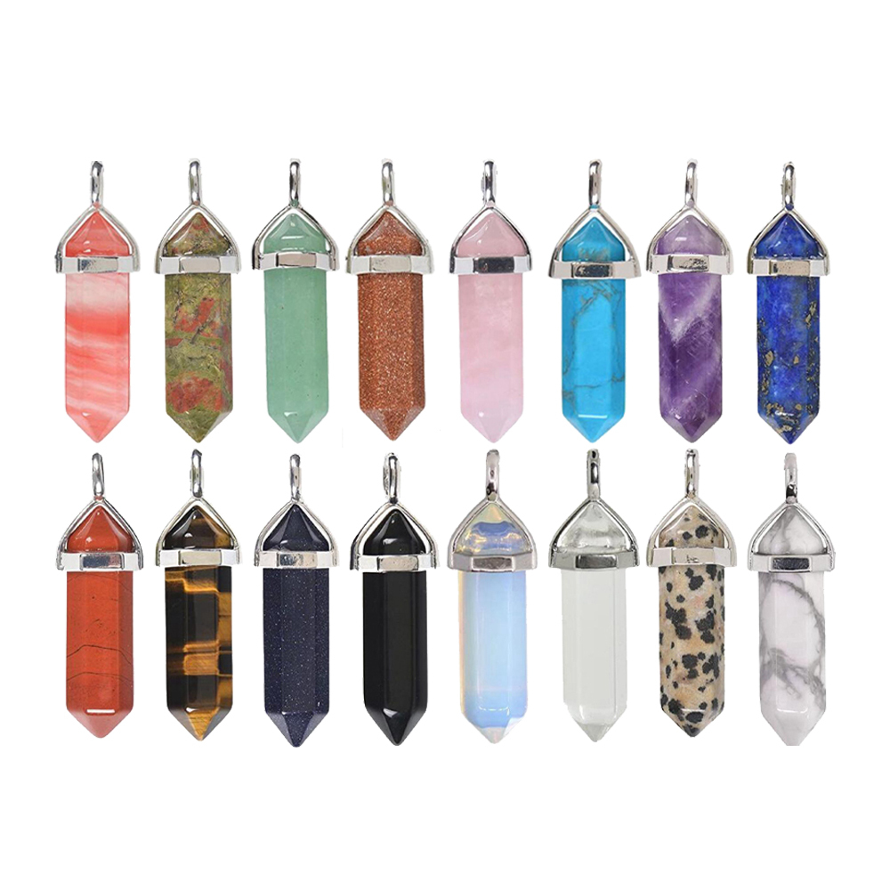 Gold/Silver Natural Gemstone Hexagonal Point Pendant Necklac with 45CM Black Cord