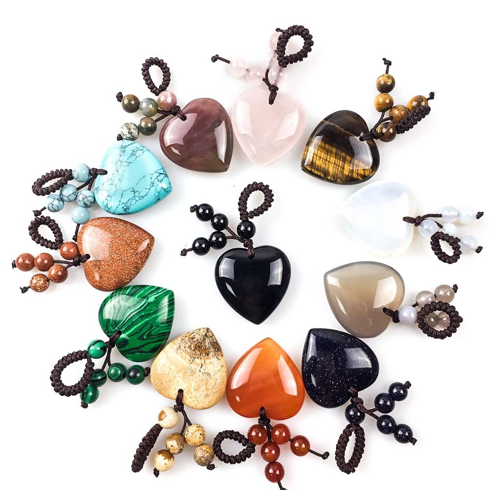 25MM 30MM Love Heart Gemstone Pendant Woven Friendship  Chakra for Making Jewelry Necklace Keychain