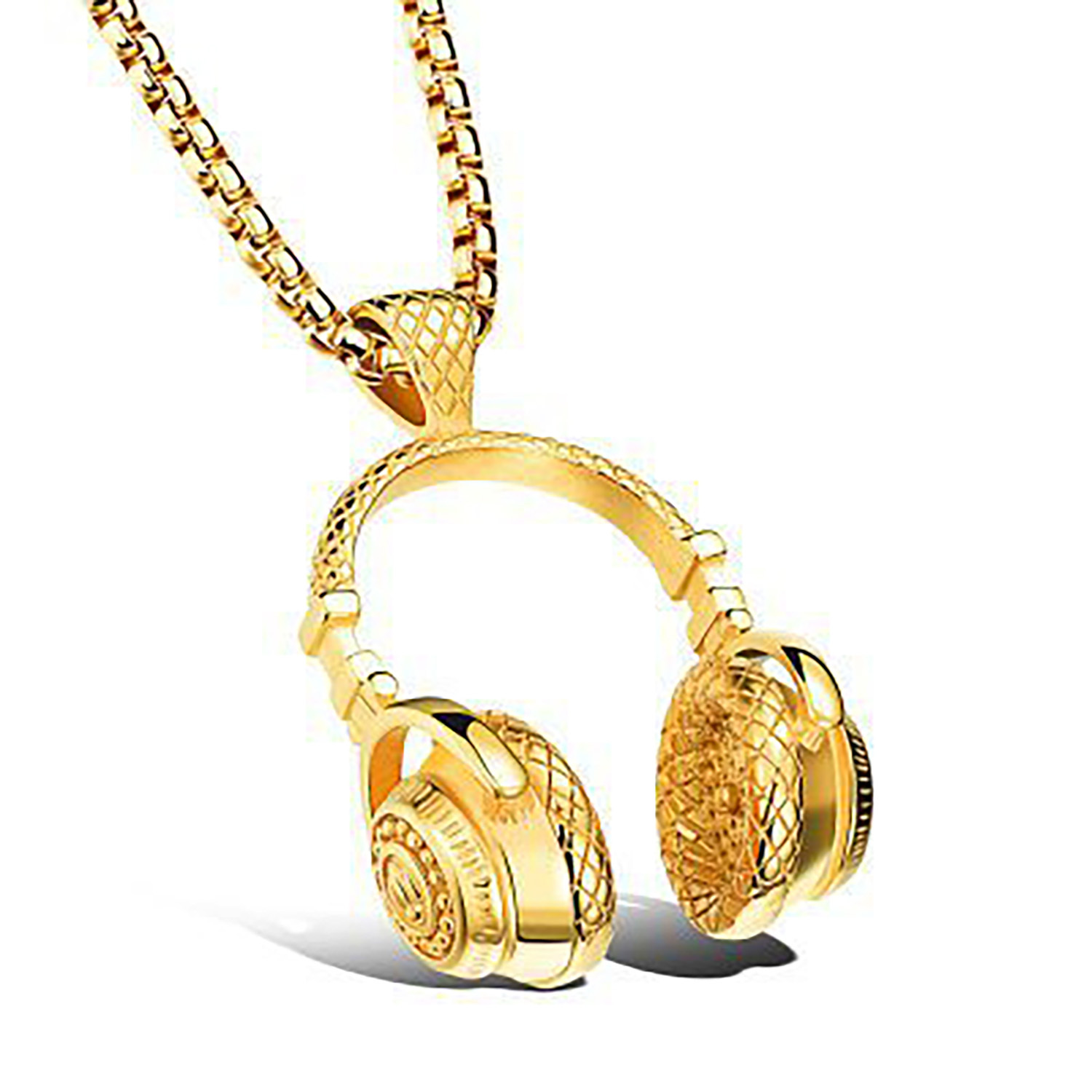 Men's Stainless Steel Music Headset DJ Headphone Pendant Biker Necklace, Gold/Black/Silver