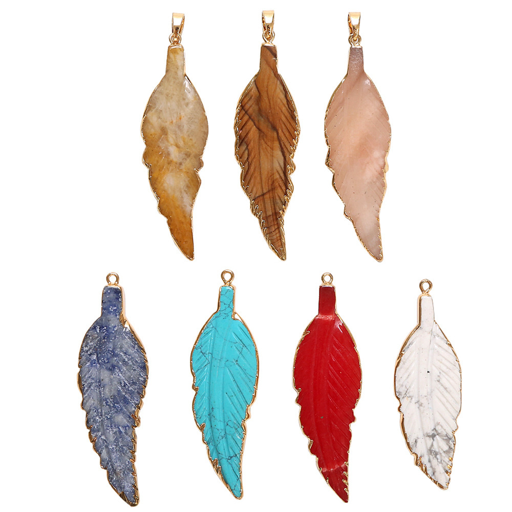 Hand Carved Natural Gemstone Feather & Leaf Charm Pendant for Making Jewelry