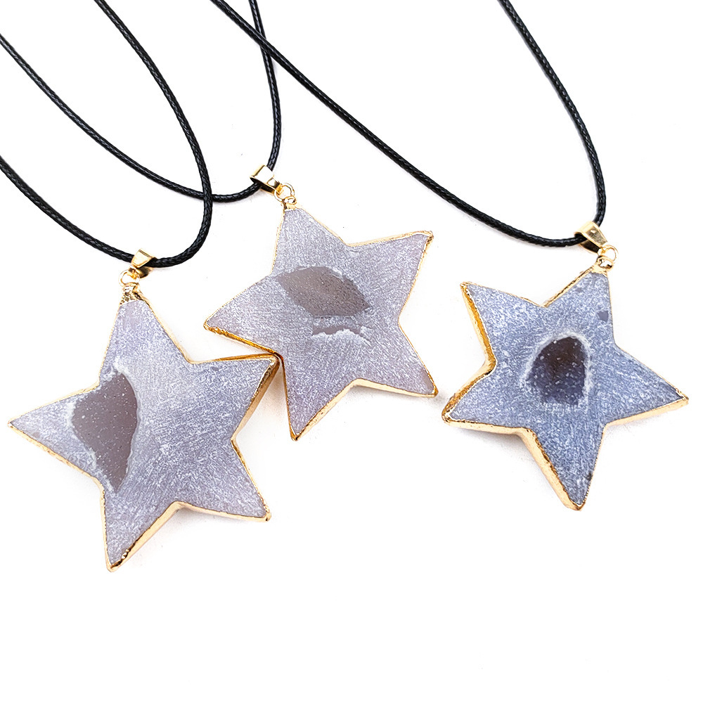 Handmade Craved Druzy Agate Cave Pendant Necklace Heart Star Moon Pendant Jewelry