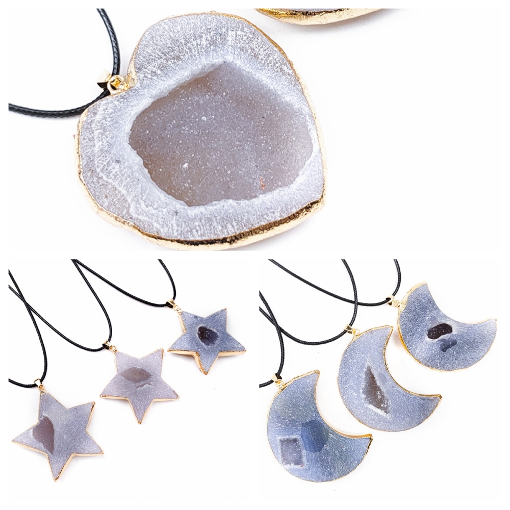 Handmade Craved Druzy Agate Cave Pendant Necklace Heart Star Moon Pendant Jewelry