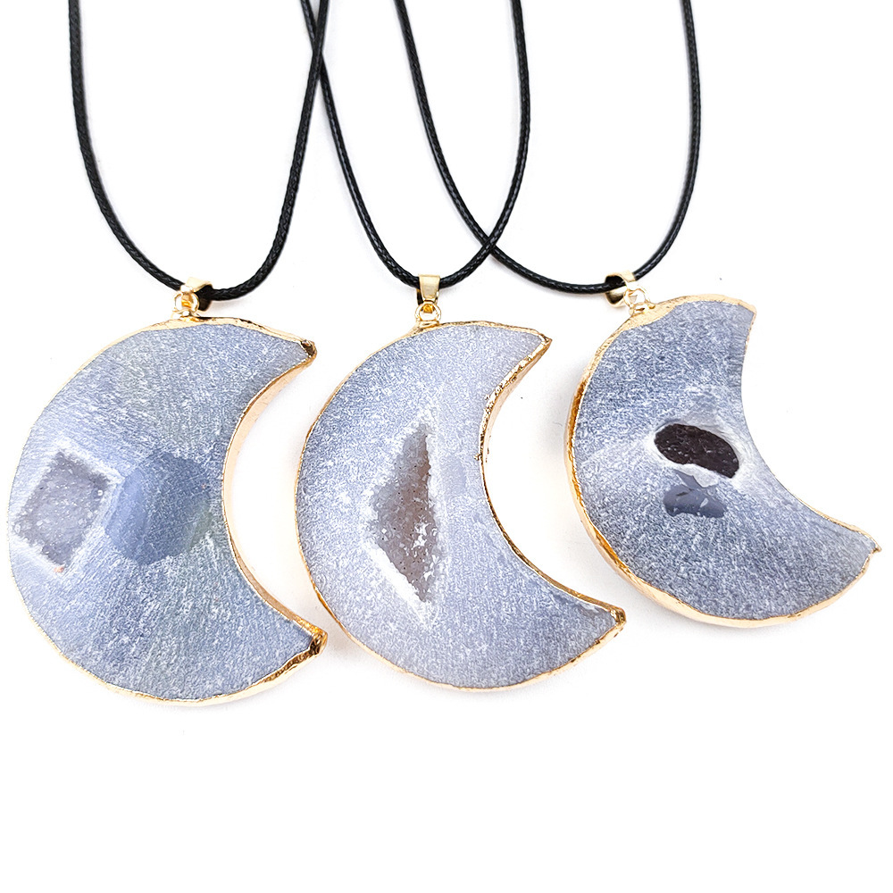 Handmade Craved Druzy Agate Cave Pendant Necklace Heart Star Moon Pendant Jewelry