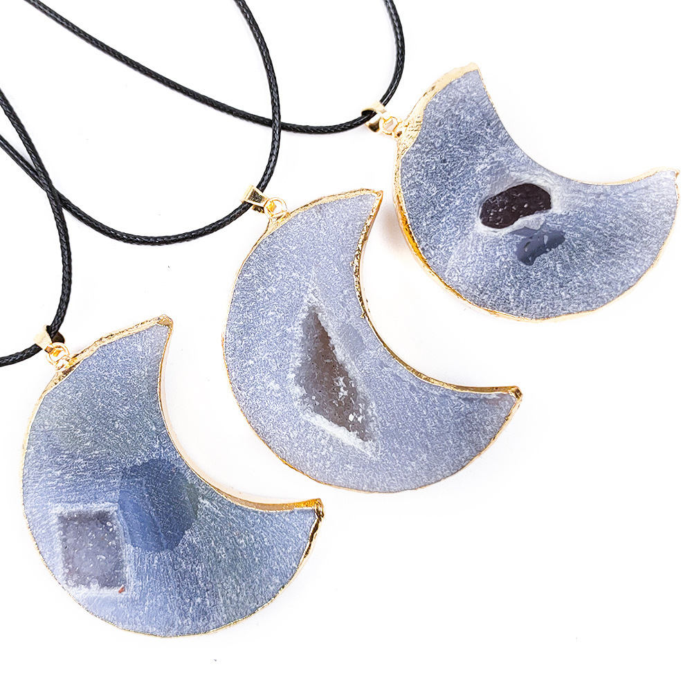Handmade Craved Druzy Agate Cave Pendant Necklace Heart Star Moon Pendant Jewelry