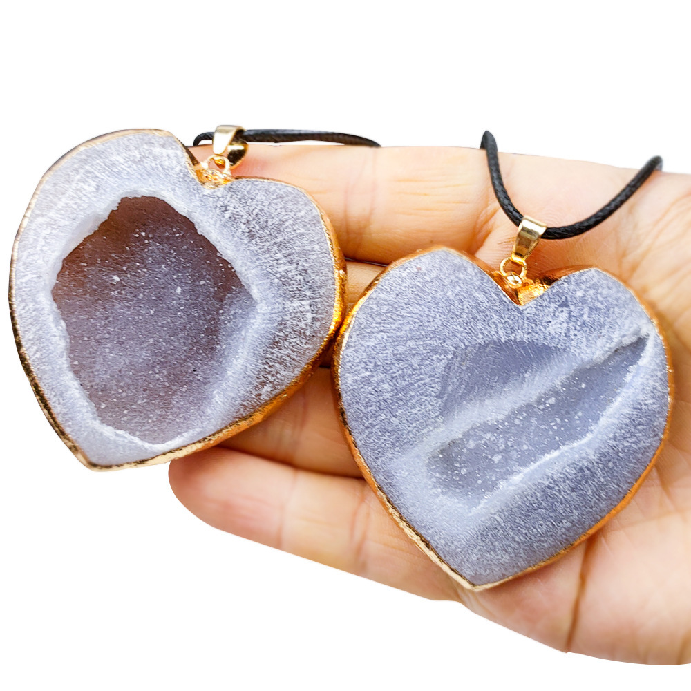 Handmade Craved Druzy Agate Cave Pendant Necklace Heart Star Moon Pendant Jewelry
