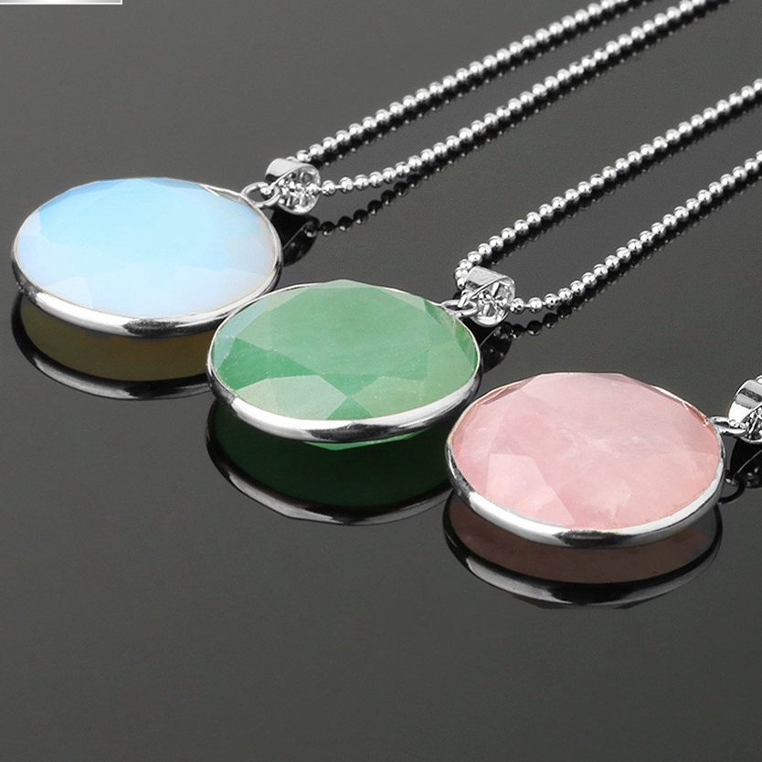 Faceted Dome Gemstone Cabochons Healing Chakra Crystal Pendant Necklace