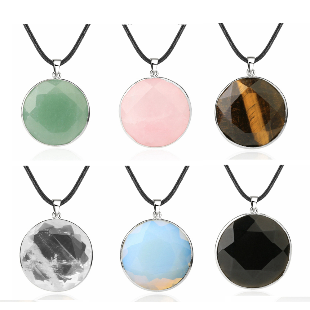 Faceted Dome Gemstone Cabochons Healing Chakra Crystal Pendant Necklace