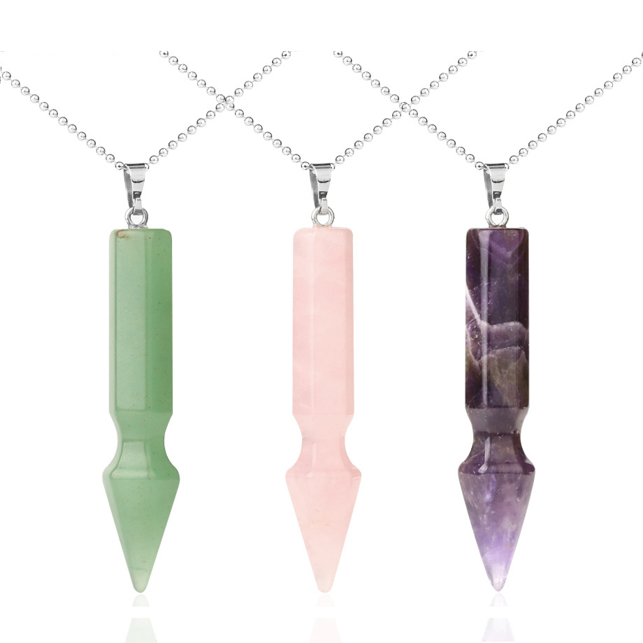 Natural Crystal Point Necklace for Unisex Long Bullet Shape Pendant with Silver Chain