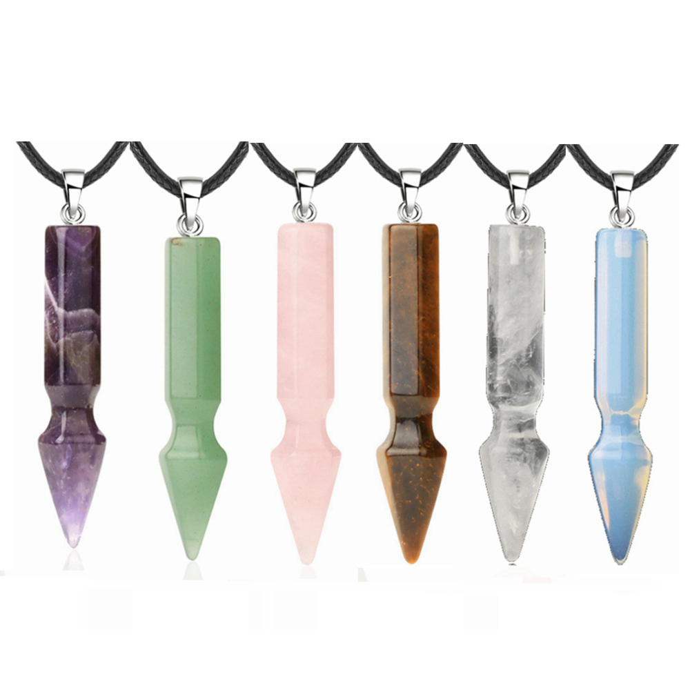 Natural Crystal Point Necklace for Unisex Long Bullet Shape Pendant with Silver Chain