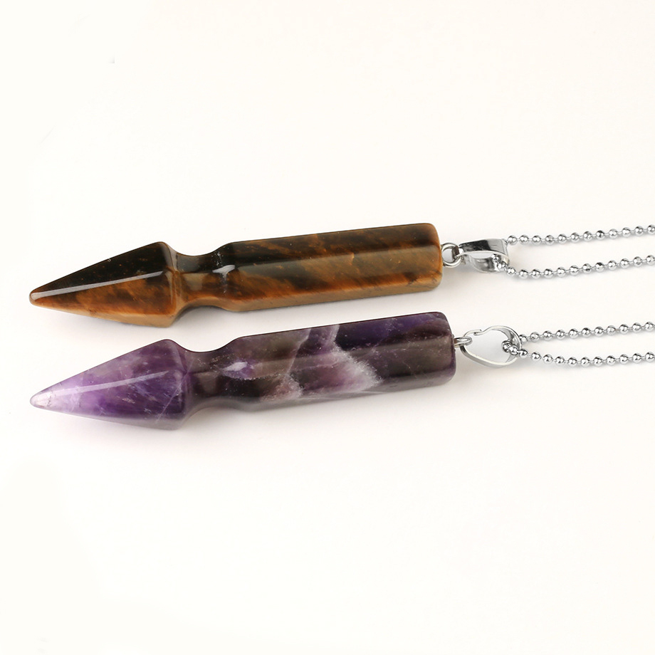 Natural Crystal Point Necklace for Unisex Long Bullet Shape Pendant with Silver Chain