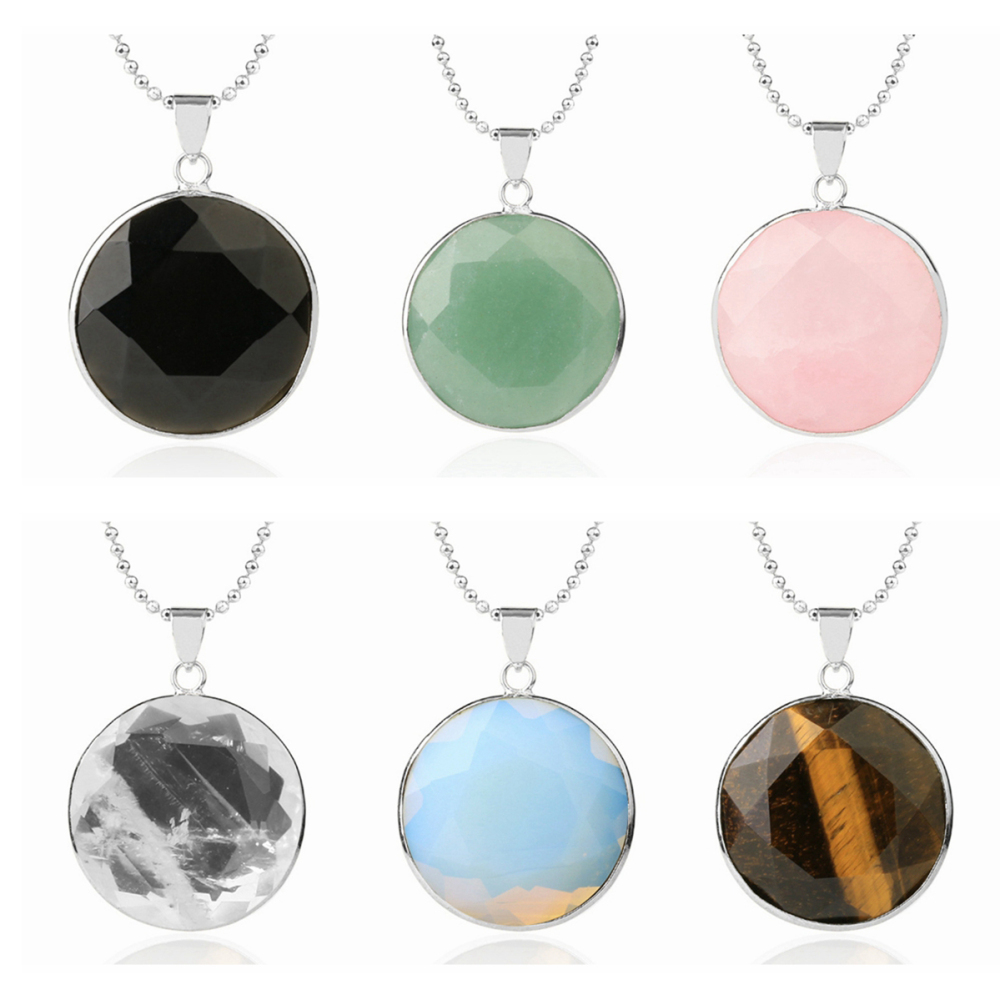 Faceted Dome Gemstone Cabochons Healing Chakra Crystal Pendant Necklace