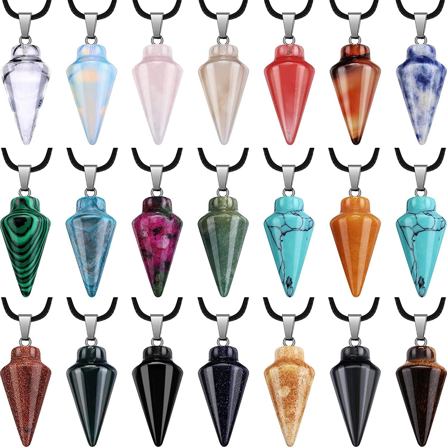 Natural Crystal Point Pendulum Chakra Gemstone Cone Pendant Necklace