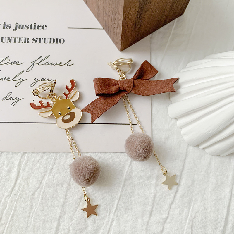 New Christmas Earrings Deer Bowknot Earrings Ear Studs Asymmetric Long Tassel Earrings for Women Girls