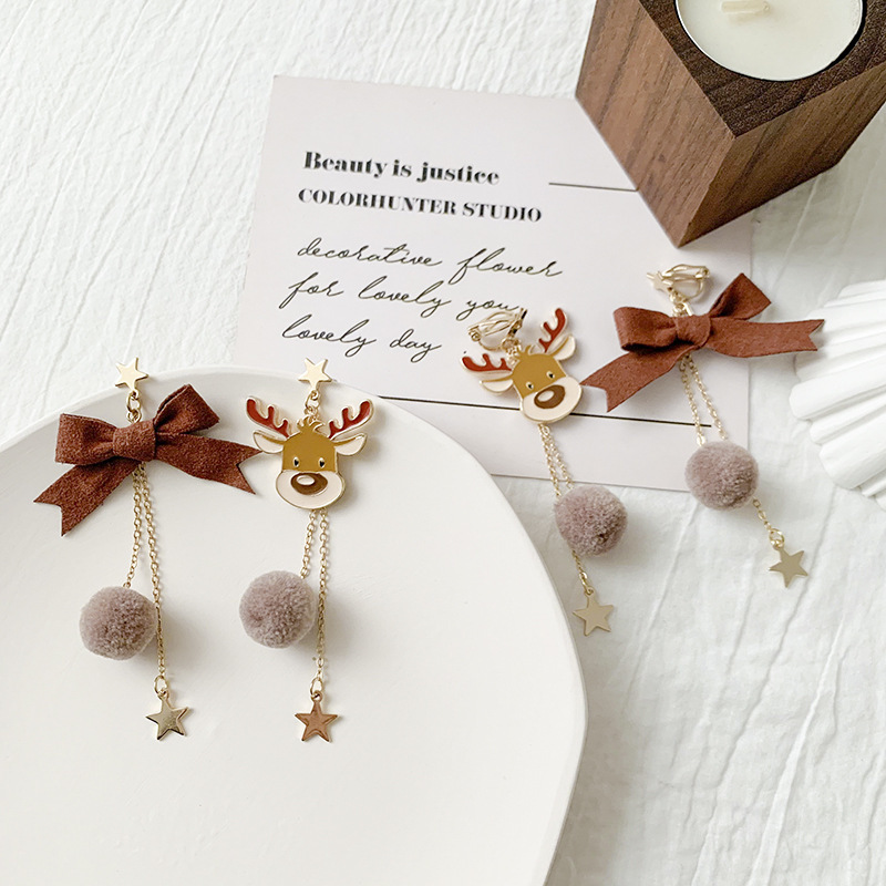 New Christmas Earrings Deer Bowknot Earrings Ear Studs Asymmetric Long Tassel Earrings for Women Girls