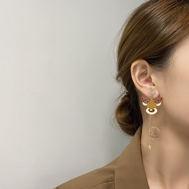 New Christmas Earrings Deer Bowknot Earrings Ear Studs Asymmetric Long Tassel Earrings for Women Girls