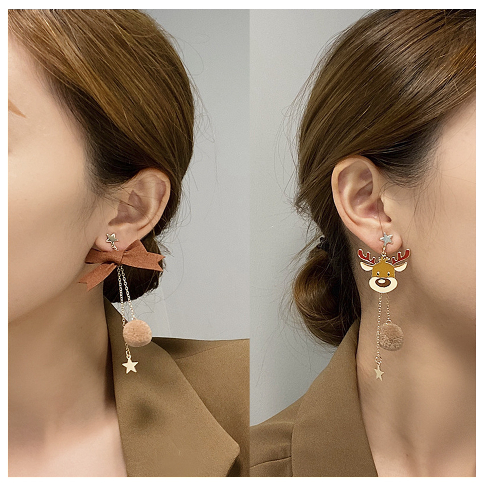 New Christmas Earrings Deer Bowknot Earrings Ear Studs Asymmetric Long Tassel Earrings for Women Girls