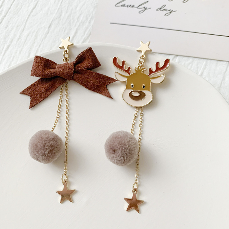 New Christmas Earrings Deer Bowknot Earrings Ear Studs Asymmetric Long Tassel Earrings for Women Girls