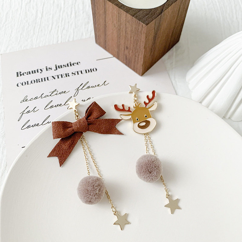 New Christmas Earrings Deer Bowknot Earrings Ear Studs Asymmetric Long Tassel Earrings for Women Girls