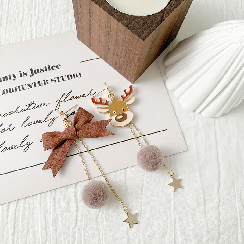 New Christmas Earrings Deer Bowknot Earrings Ear Studs Asymmetric Long Tassel Earrings for Women Girls