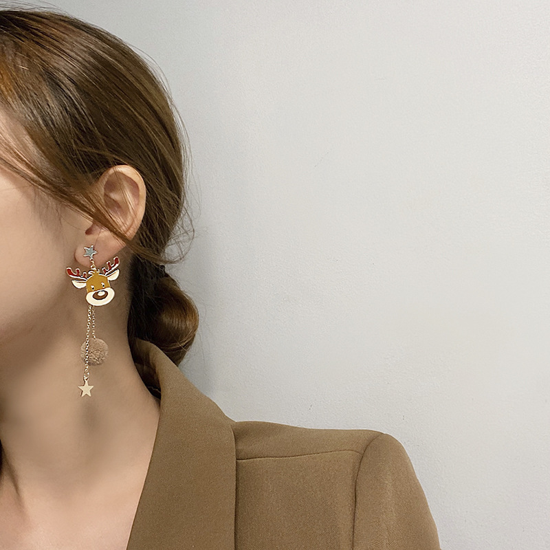 New Christmas Earrings Deer Bowknot Earrings Ear Studs Asymmetric Long Tassel Earrings for Women Girls