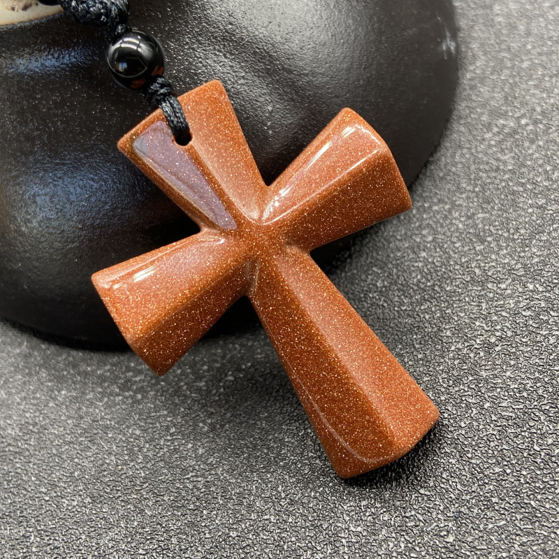Hand Carved Gemstone Cross Pendant Necklace for Men & Women with Adjustable Rope Jewelry