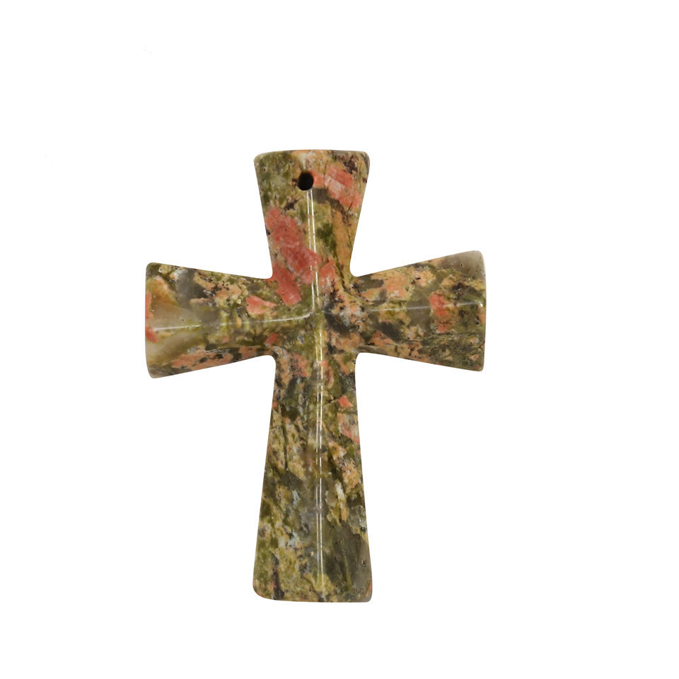 Hand Carved Gemstone Cross Pendant Necklace for Men & Women with Adjustable Rope Jewelry