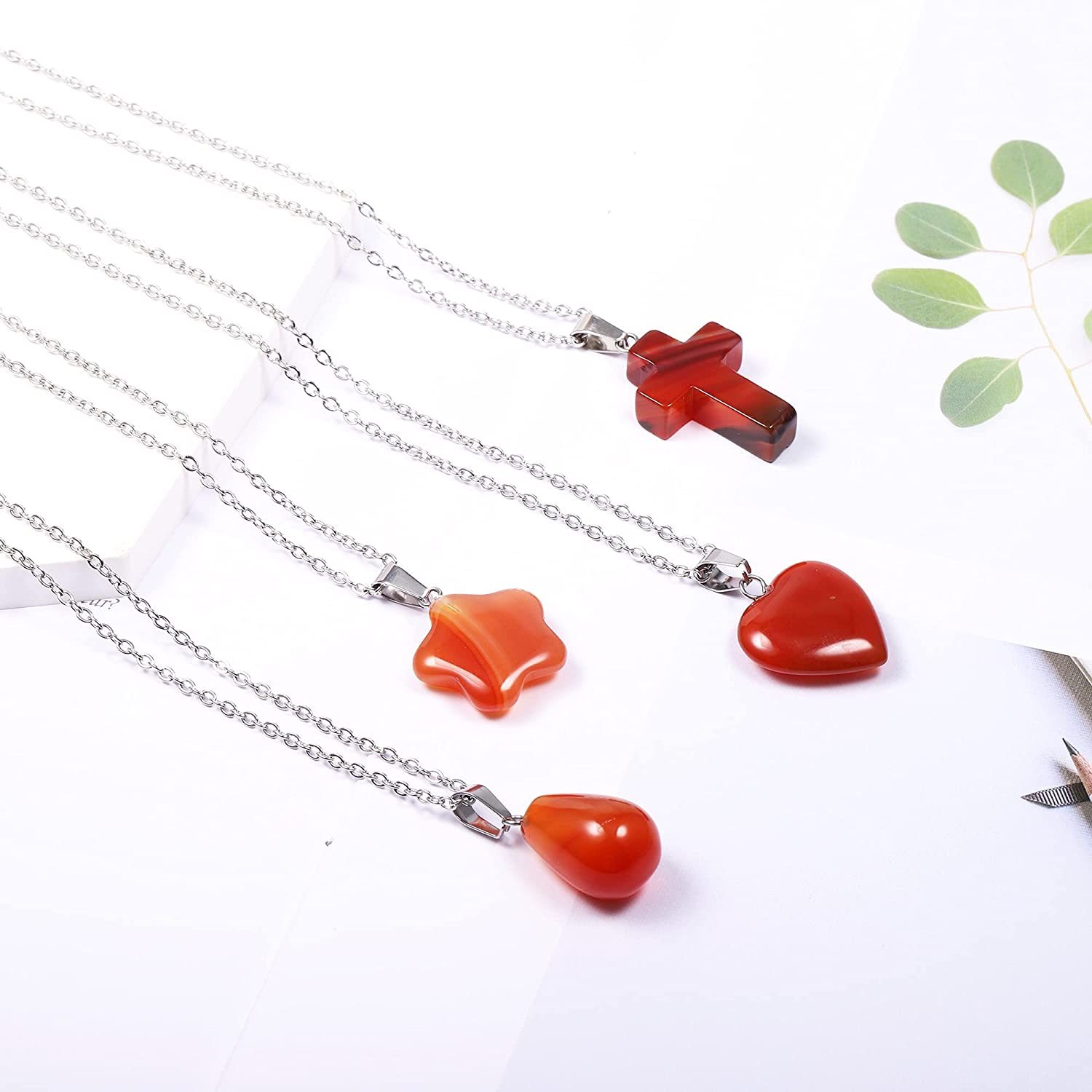 4 Pieces Carnelian Agate Necklaces Set Red Agate Pendant Necklace for Women | Heart Star Cross Teardrop Carnelian Necklace for Girls