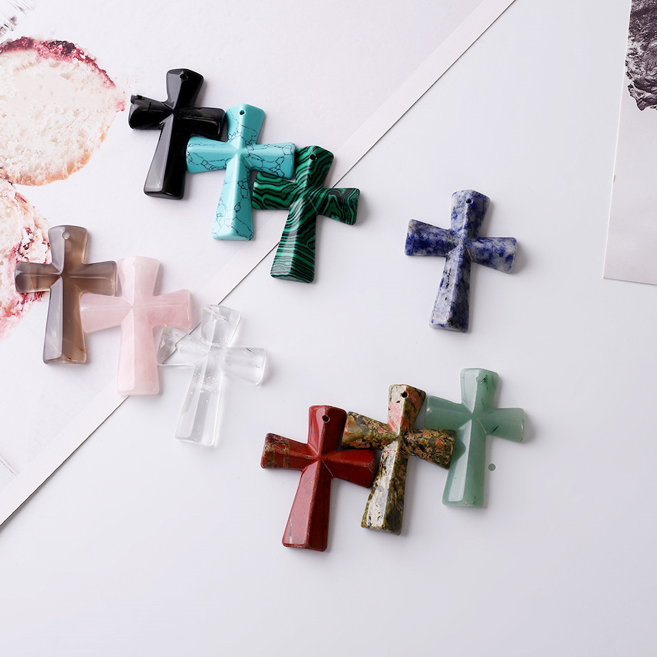 Hand Carved Gemstone Cross Pendant Necklace for Men & Women with Adjustable Rope Jewelry