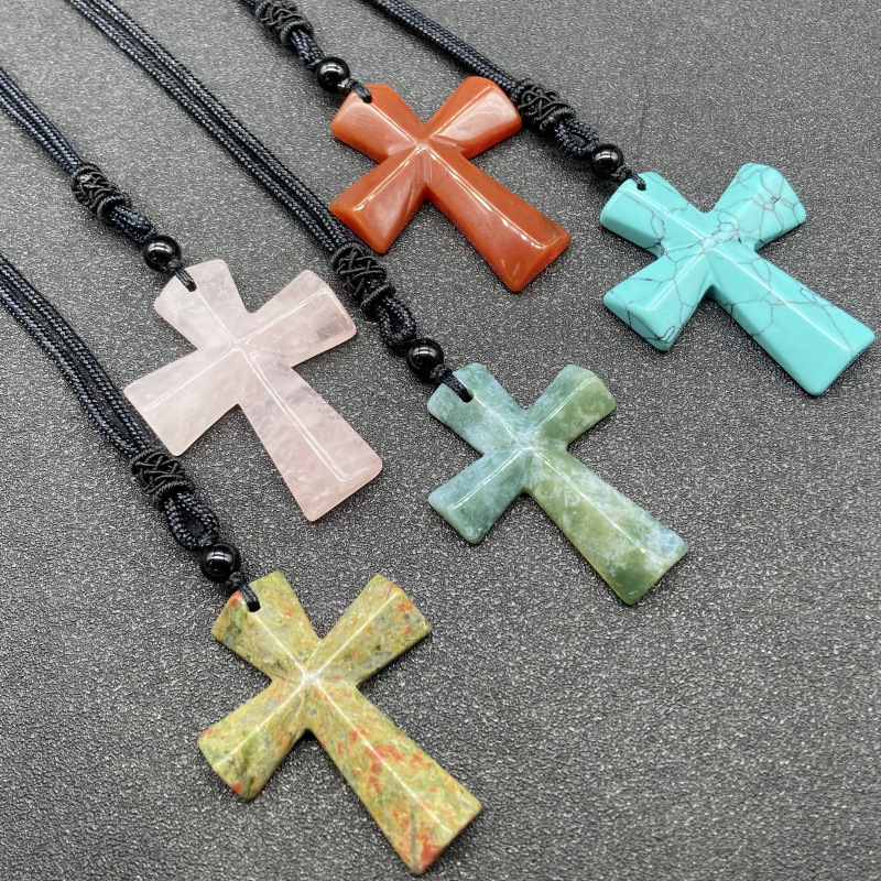 Hand Carved Gemstone Cross Pendant Necklace for Men & Women with Adjustable Rope Jewelry