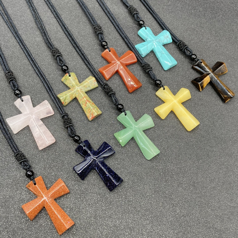 Hand Carved Gemstone Cross Pendant Necklace for Men & Women with Adjustable Rope Jewelry