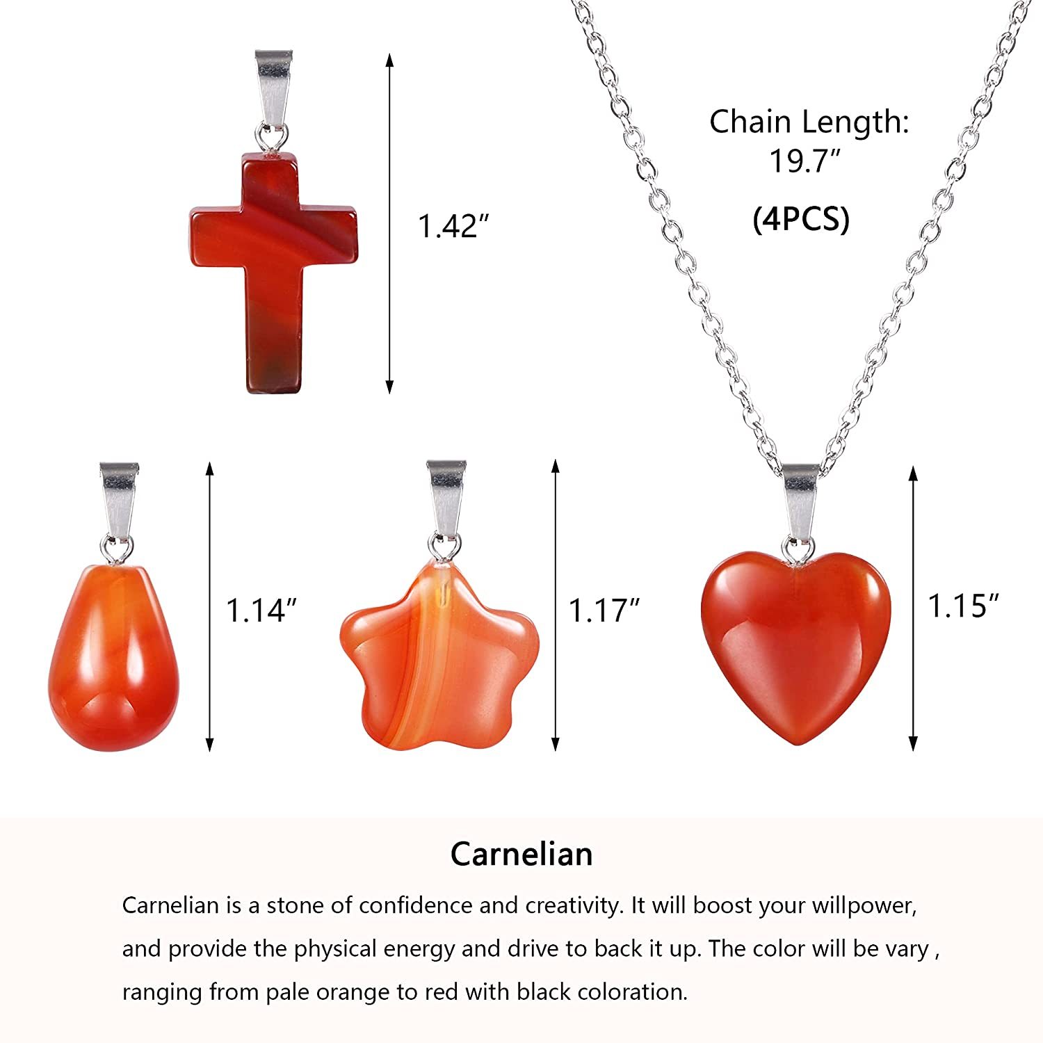 4 Pieces Carnelian Agate Necklaces Set Red Agate Pendant Necklace for Women | Heart Star Cross Teardrop Carnelian Necklace for Girls